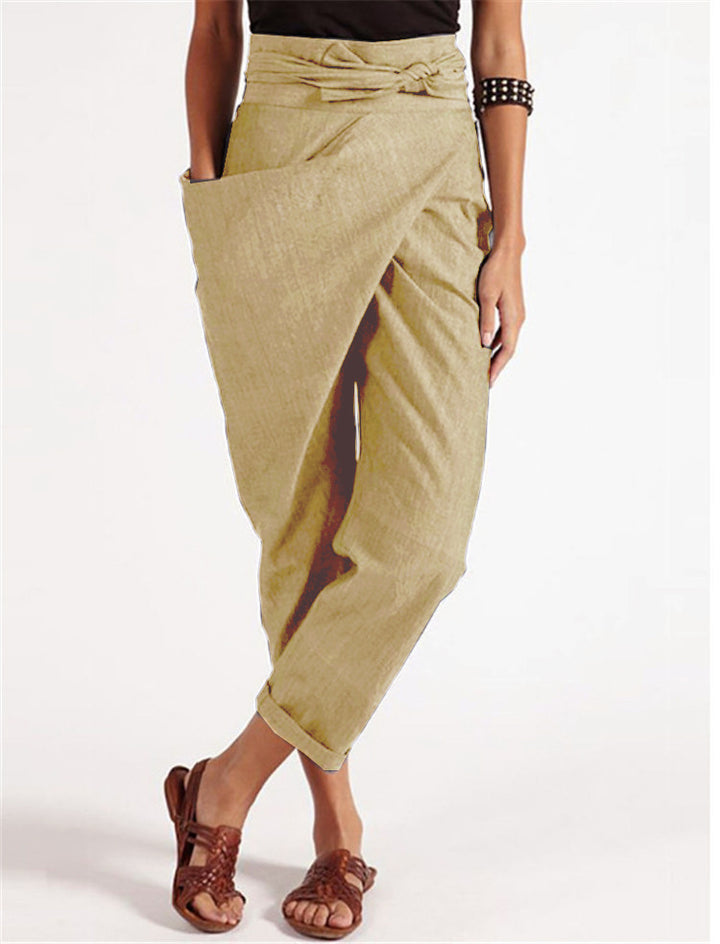 Damen nan Wickelhose aus Leinenmix mit hohem Taillenbund, überlappender Vorderseite und großzügiger Eingrifftasche Echo Archiv
