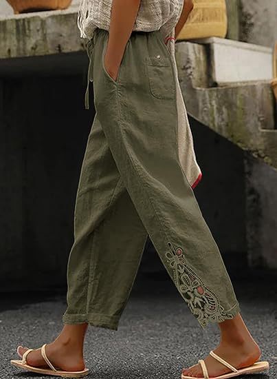 Damen luftige Leinenhose mit dekorativen Stickereien Echoarchiv