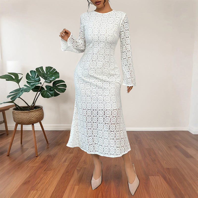 Damen Midikleid aus Häkelspitze mit taillierter Silhouette, Trompetenärmeln und ausgestelltem Saum Echoarchiv