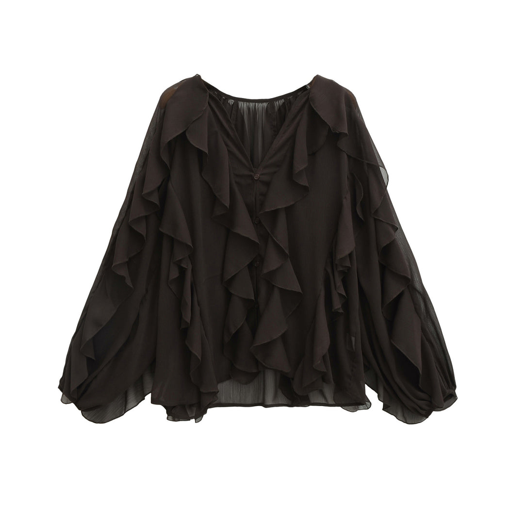 Damen Volant-Chiffonbluse mit Knopfleiste, gerafftem Ausschnitt und Ballonärmeln Echo Archiv