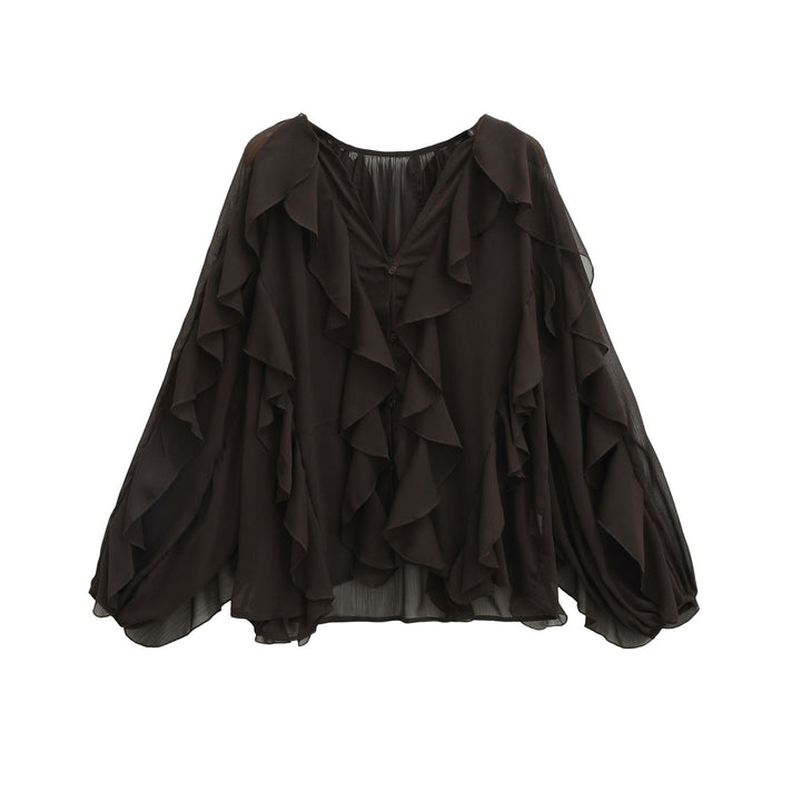 Damen Volant-Chiffonbluse mit Knopfleiste, gerafftem Ausschnitt und Ballonärmeln Echo Archiv