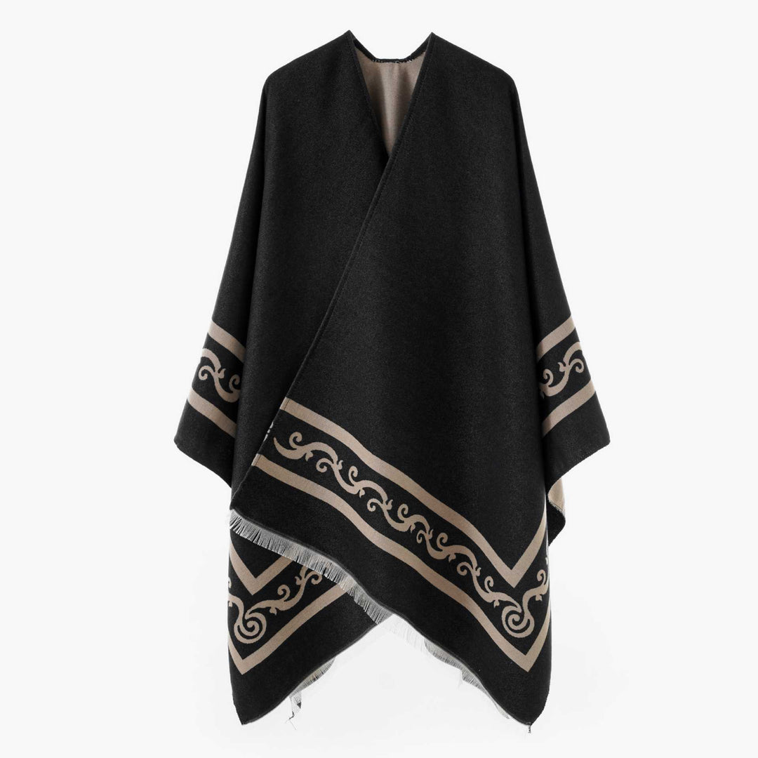 Damen Oversize-Cape mit geometrischem Jacquard und Fransensaum – Avérine