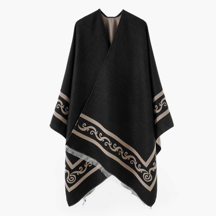 Damen Oversize-Cape mit geometrischem Jacquard und Fransensaum – Avérine