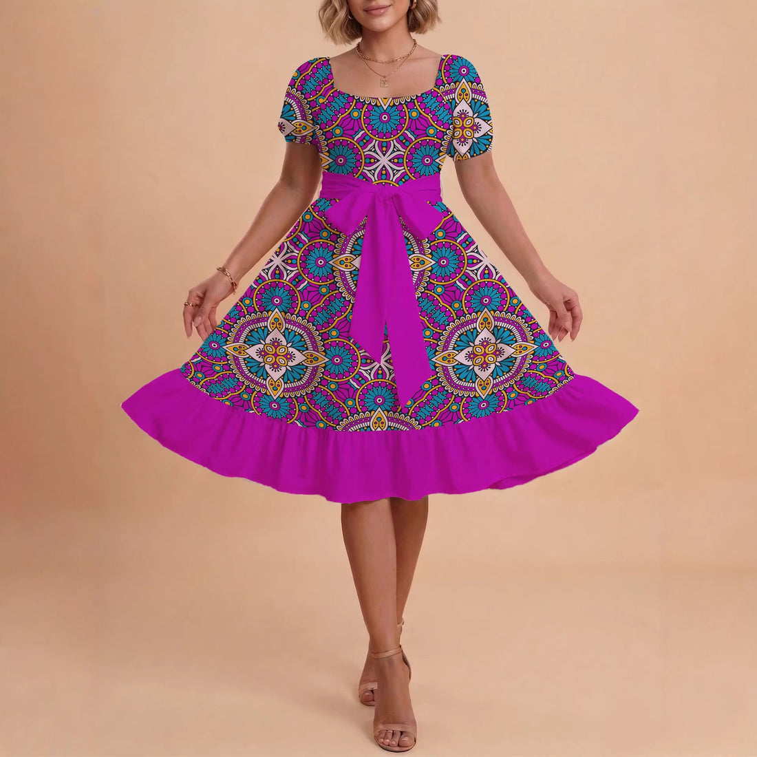 Damen elegantes Maxikleid mit floralem Design und Taillengürtel – Valéora