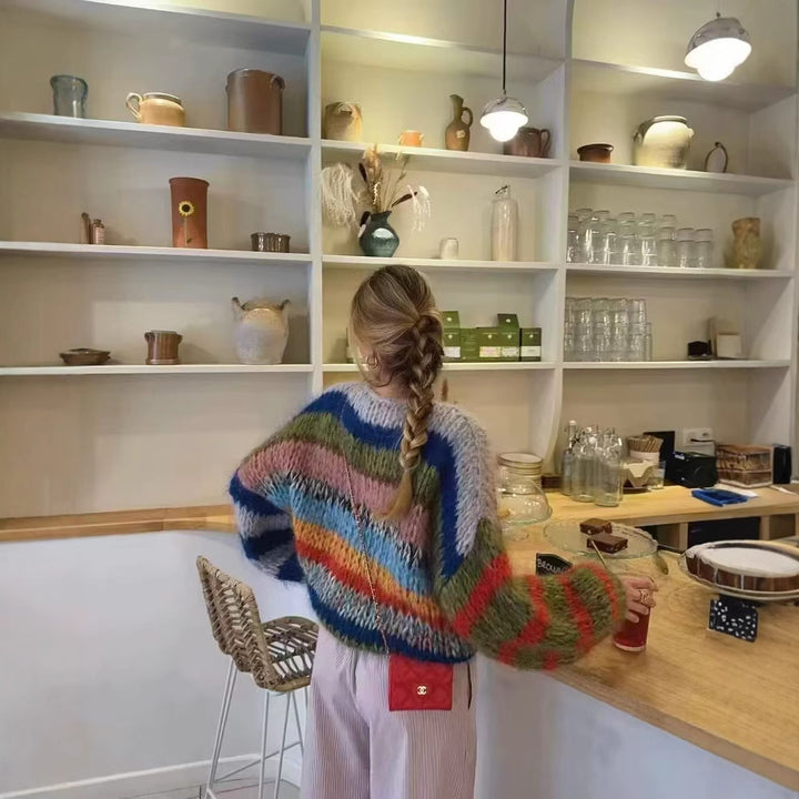 Damen Oversize-Strickpullover aus Mohairmix mit voluminösen Ballonärmeln und Blockstreifen Echo Archiv