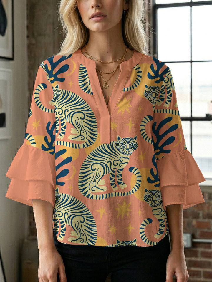 Damen elegantes Blusenshirt mit voluminösen Rüsenärmeln und grafischem Blumendesign Echo Archiv