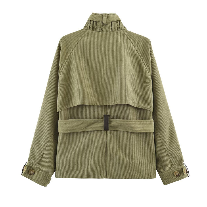 Damen Taillierte Cordfeldjacke mit Stehkragen Schulterpasse und Gürtel Echo Archiv