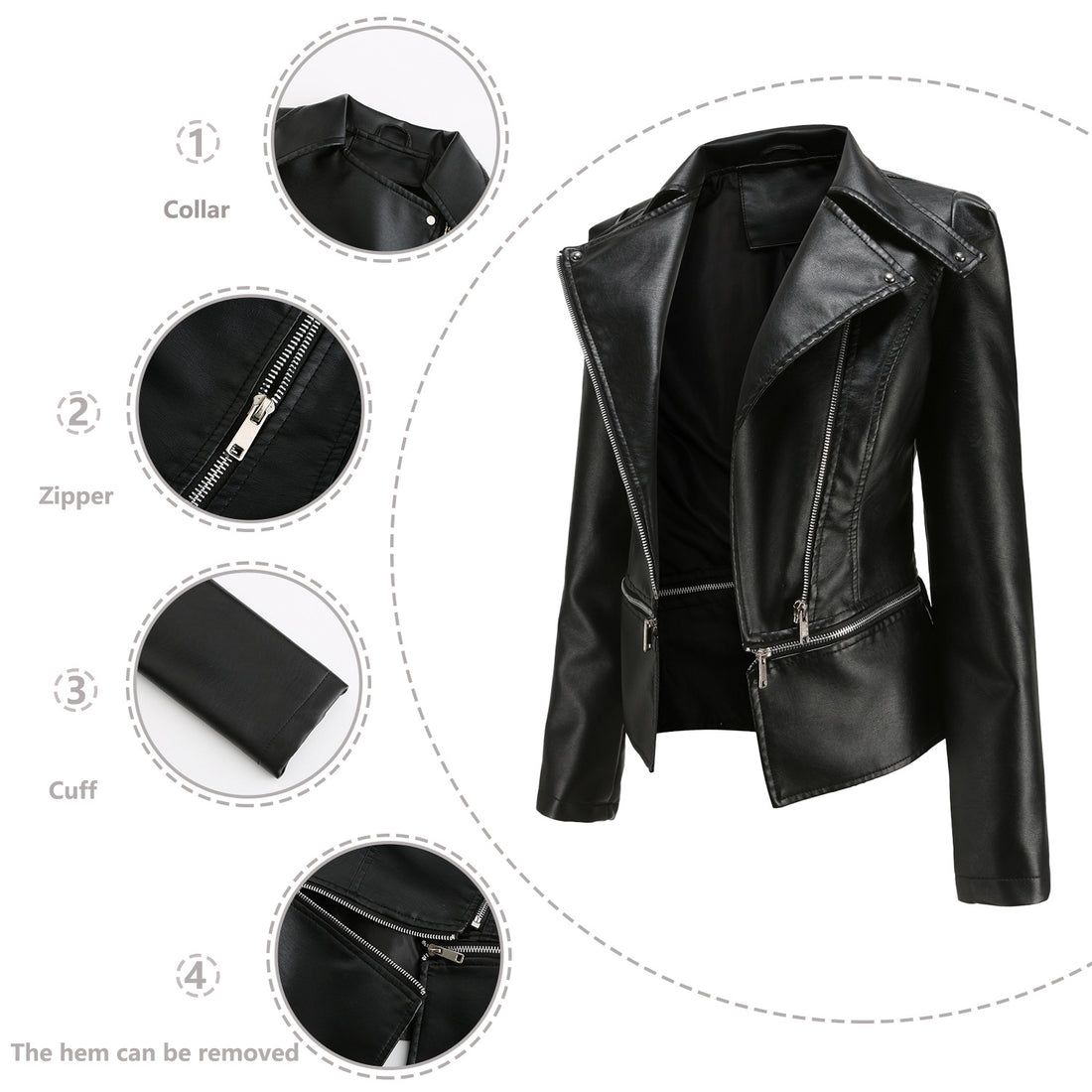 Damen taillierte Kunstleder-Bikerjacke mit asymmetrischem Reverskragen – Célinea
