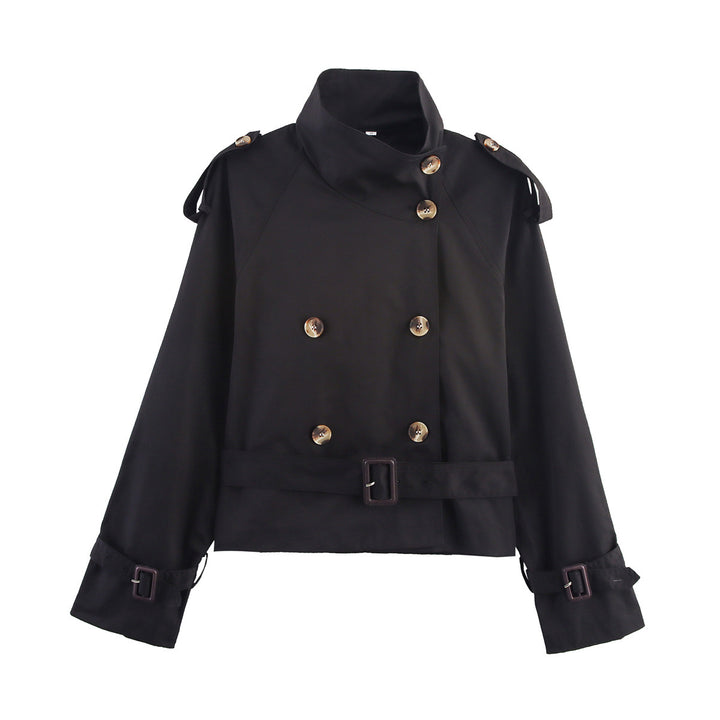 Damen Kurzer Doppelreiher Trench‑Blouson mit hohem Stehkragen, Schulterriegeln und Taillengürtel Echo Archiv