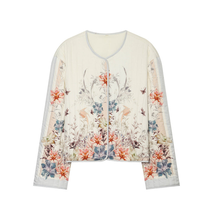Damen gesteppte Blumen-Cardiganjacke mit Rundhals, leichter Wattierung und durchgehender Druckknopfleiste – Célinea