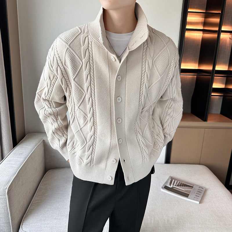 Herren Grobstrickpullover mit modernem Stehkragen und Knopfleiste Echoarchiv