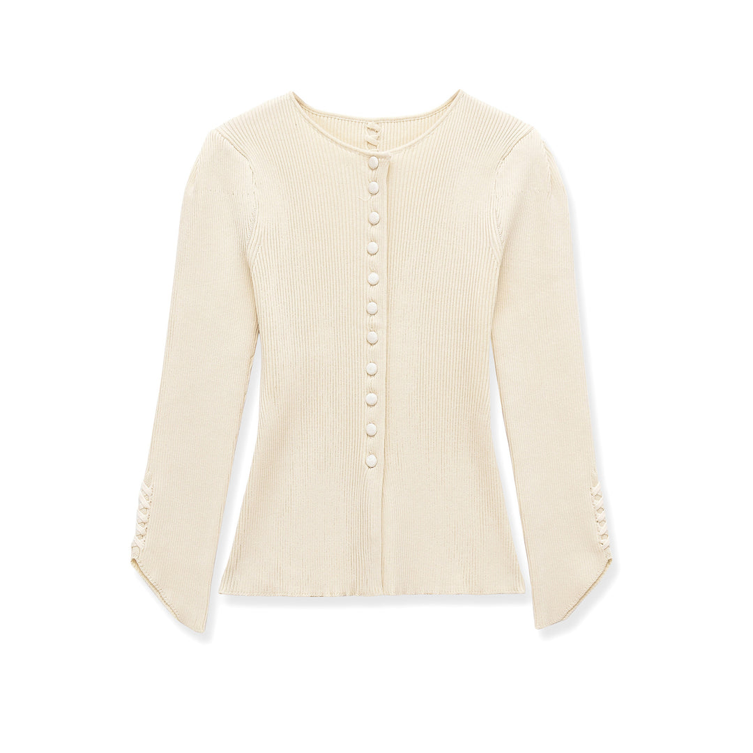 Damen Feinstrick-Cardigan mit durchgehender Knopfleiste, taillierter Rippenstruktur und geschwungenem Saum Echoarchiv