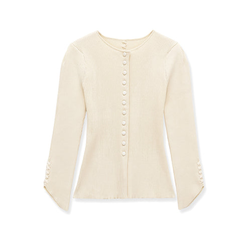 Damen Feinstrick-Cardigan mit durchgehender Knopfleiste, taillierter Rippenstruktur und geschwungenem Saum Echoarchiv