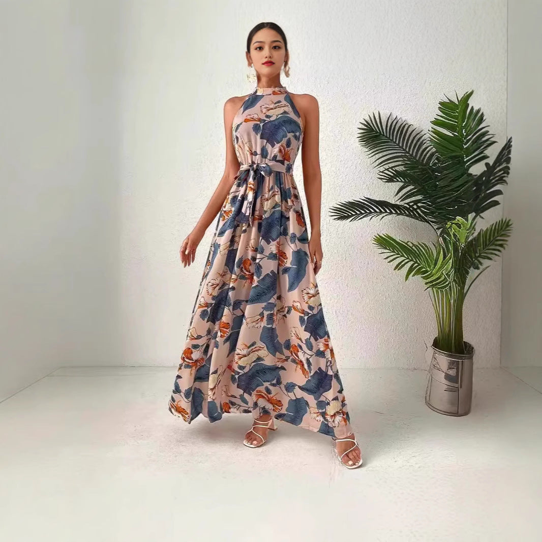 Damen Maxikleid Im Boho-Stil mit Elegantem Halterneck und Seitlichem Bindegürtel Echoarchiv