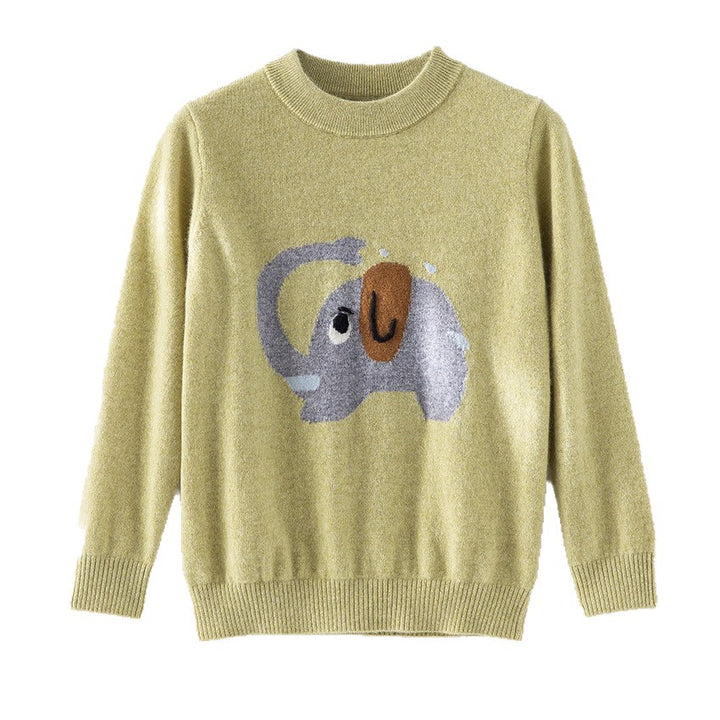 Damen Feinstrick-Pullover mit plüschiger Elefanten-Intarsia und Rippbündchen Echoarchiv
