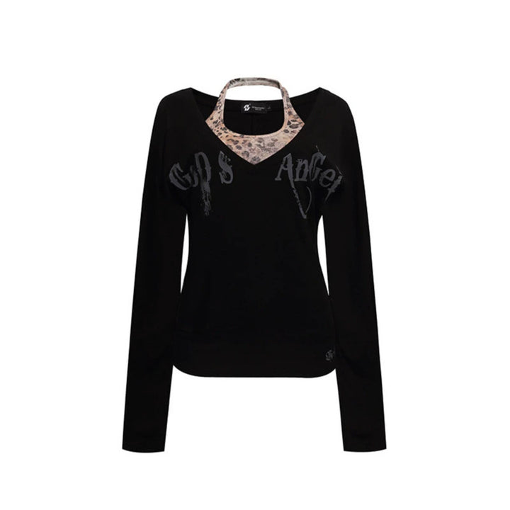 Damen Lagen-Langarmshirt mit integriertem Neckholder und Vintage-Grafik Echoarchiv