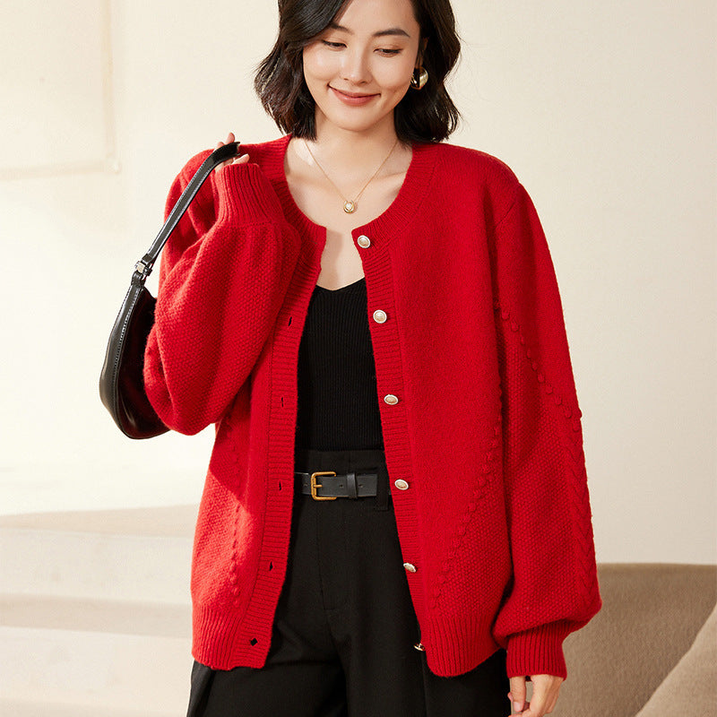 Damen Strickcardigan mit Strukturmuster, Ballonärmeln und Perlmuttknopfleiste Echoarchiv