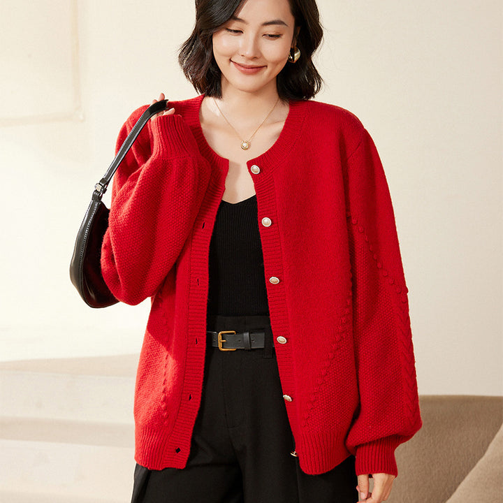 Damen Strickcardigan mit Strukturmuster, Ballonärmeln und Perlmuttknopfleiste Echoarchiv
