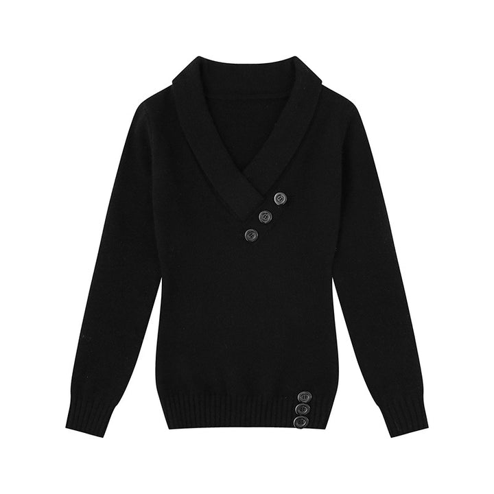 Damen Feinstrick-Pullover mit Schalkragen, V-Ausschnitt und Zierknöpfen Echoarchiv