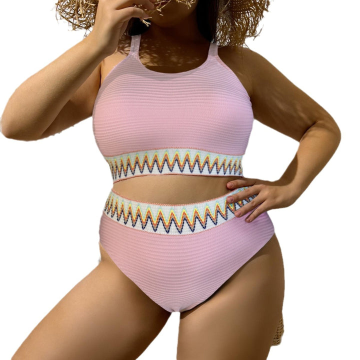 Damen Sportlicher Zweiteiliger Badeanzug mit einzigartigem Cut-Out-Design und buntem Bannermuster Echo Archiv
