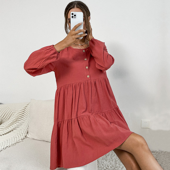 Damen Lockeres Cord-Volantkleid mit Stufenrock & Zierknopfleiste – Valéora