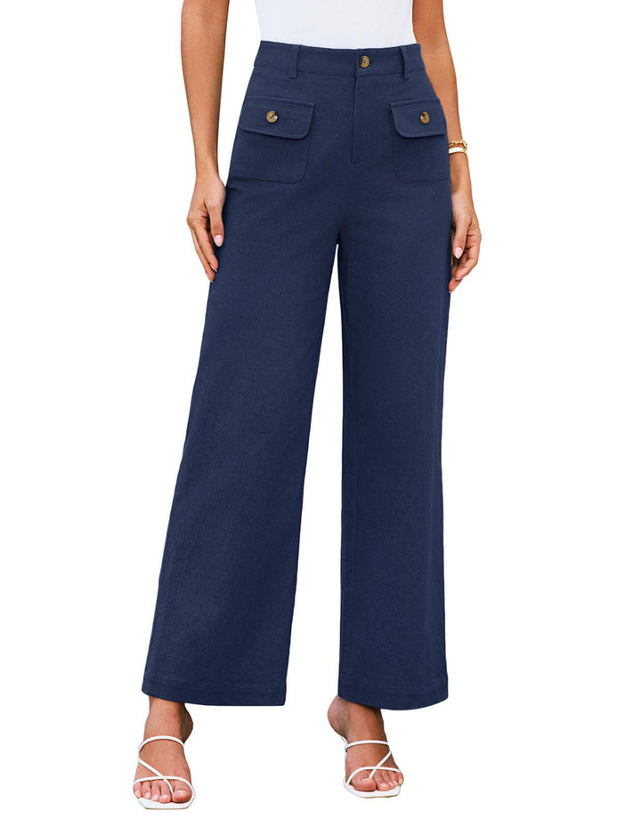 Hochtaillierte Damen-Trousers mit weitem Bein und Knopfklappen-Pattentaschen – Avélisse