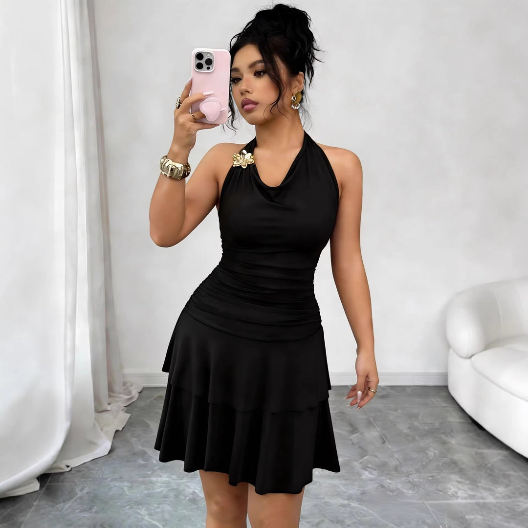 Damen nan Halter-Midikleid mit Wasserfall-Ausschnitt, taillierter Raffung und stufenweisem Volantrock Echo Archiv