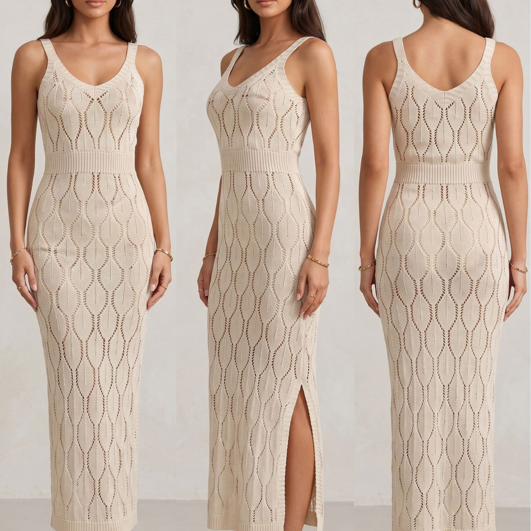 Damen elegantes Strick-Maxikleid mit seitlichen Schlitzen Echo Archiv