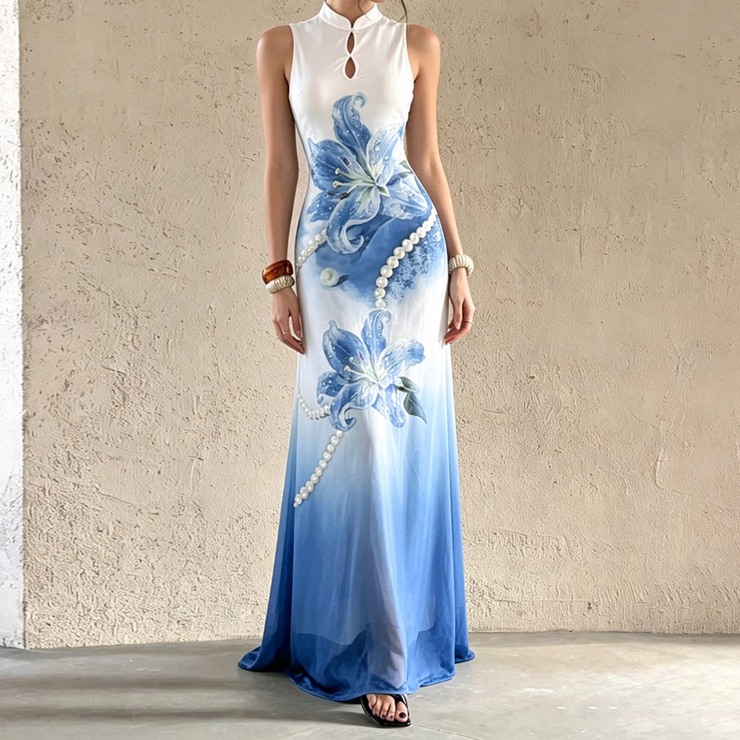 Damen Maxi-Kleid mit floralen Akzenten und elegantem Rundhalsausschnitt Echo Archiv