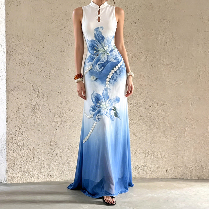 Damen Maxi-Kleid mit floralen Akzenten und elegantem Rundhalsausschnitt Echo Archiv