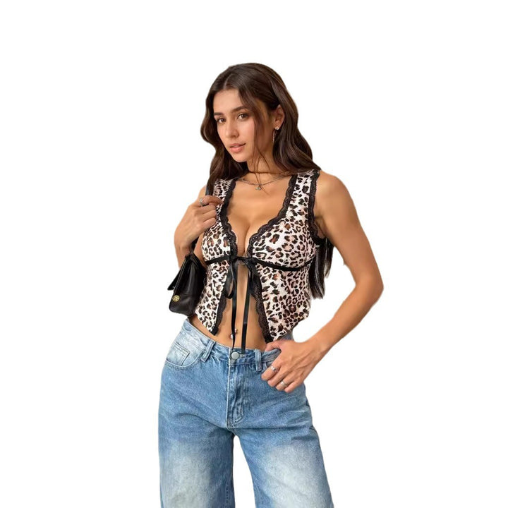 Damen Sexy Animal-Print Oberteil mit Spitzenakzenten und Schleifenbindung Echo Archiv