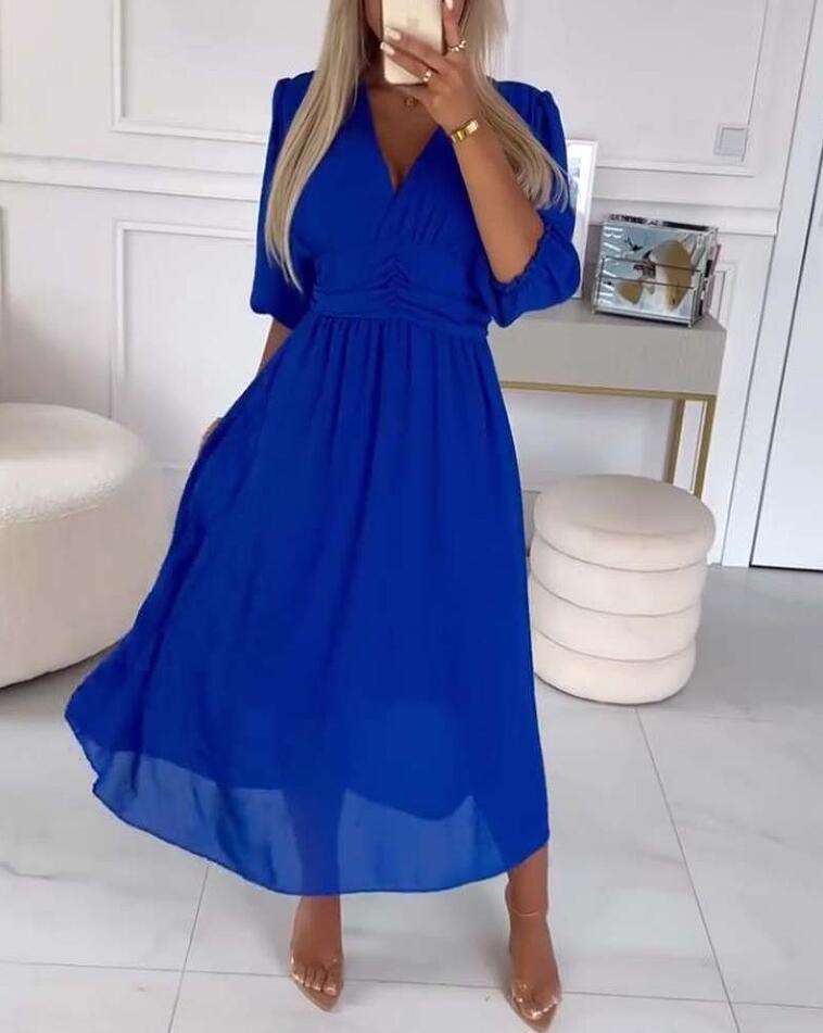Damen Chiffon Maxi Kleid mit V-Ausschnitt, Rüschengesäß und 3/4 Ärmeln Echoarchiv