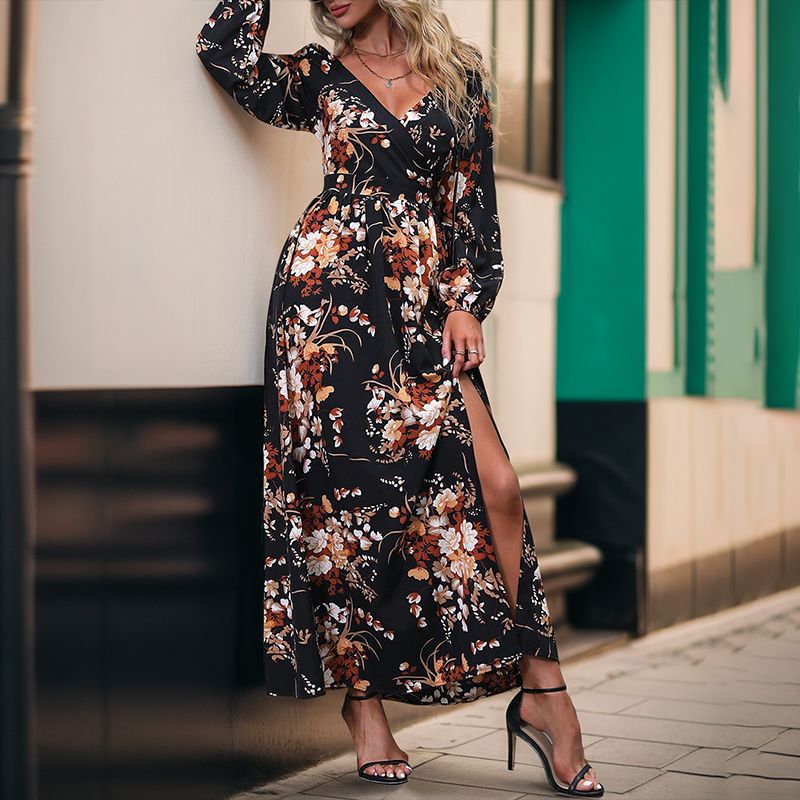 Damen Floral Maxikleid mit V-Ausschnitt und Rüschendetails Echo Archiv