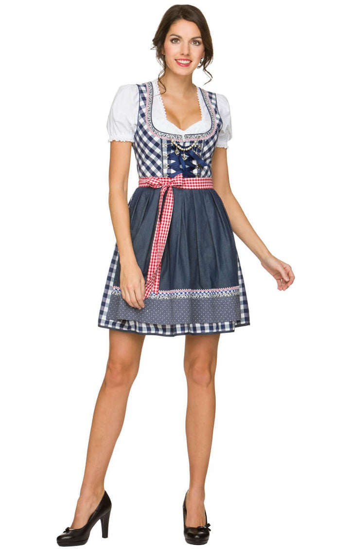 Damen  kurzes traditionelles Trachten Dirndl mit Herzausschnitt Schnürkorsett und karierter Schürze Echo Archiv