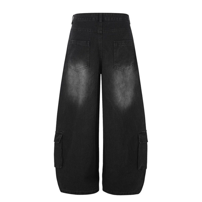 Damen Hochgeschnittene weite Cargo-Palazzo-Jeans mit großen aufgesetzten Taschen und Vintage-Waschung Echoarchiv