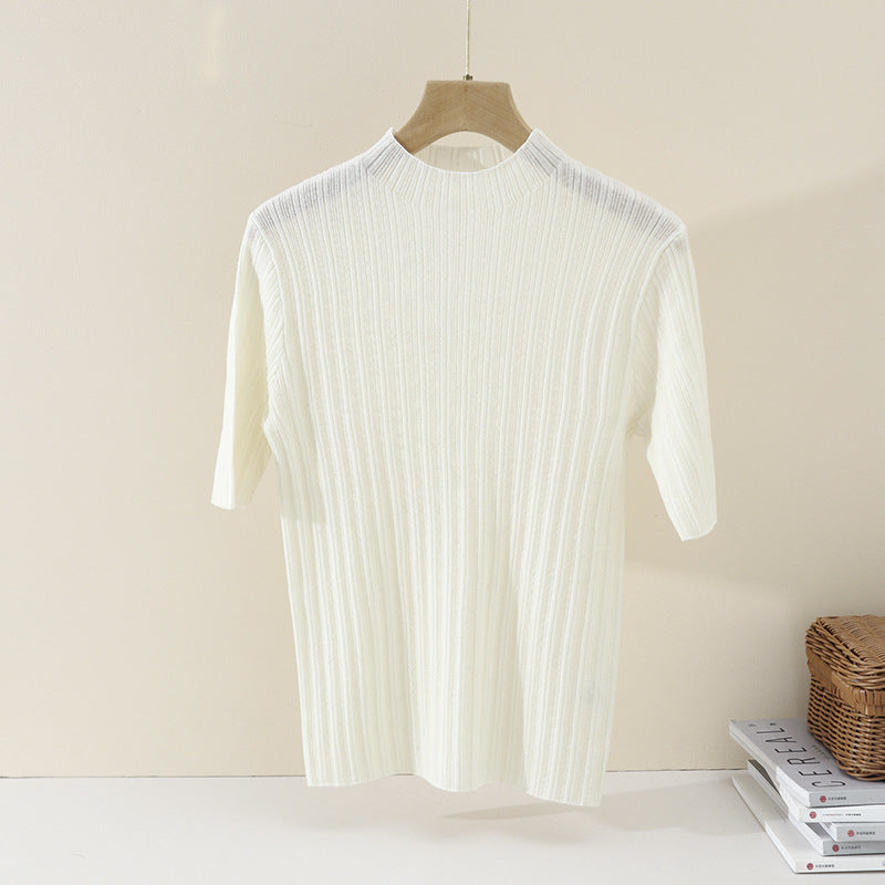 Damen Feines Geripptes Kurzarm-Feinstrickshirt mit Stehkragen Echo Archiv