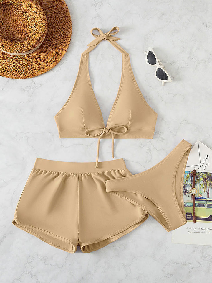 Damen Sportliches Bikini-Set mit hochgeschlossenem Oberteil und lässigen Shorts Echo Archiv