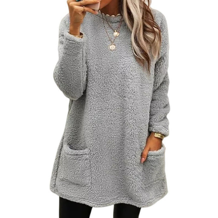 Damen nan kuscheliger langer Teddy-Pullover Oversize mit Rundhalsausschnitt und Eingrifftaschen Echo Archiv