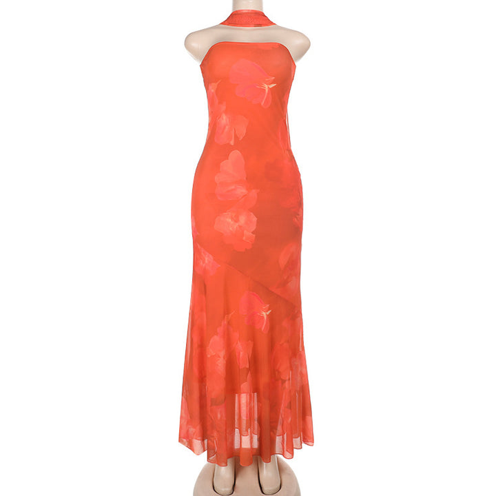 Damen Elegantes Blumenmaxikleid mit Halterneck und fließendem Stoff Echo Archiv