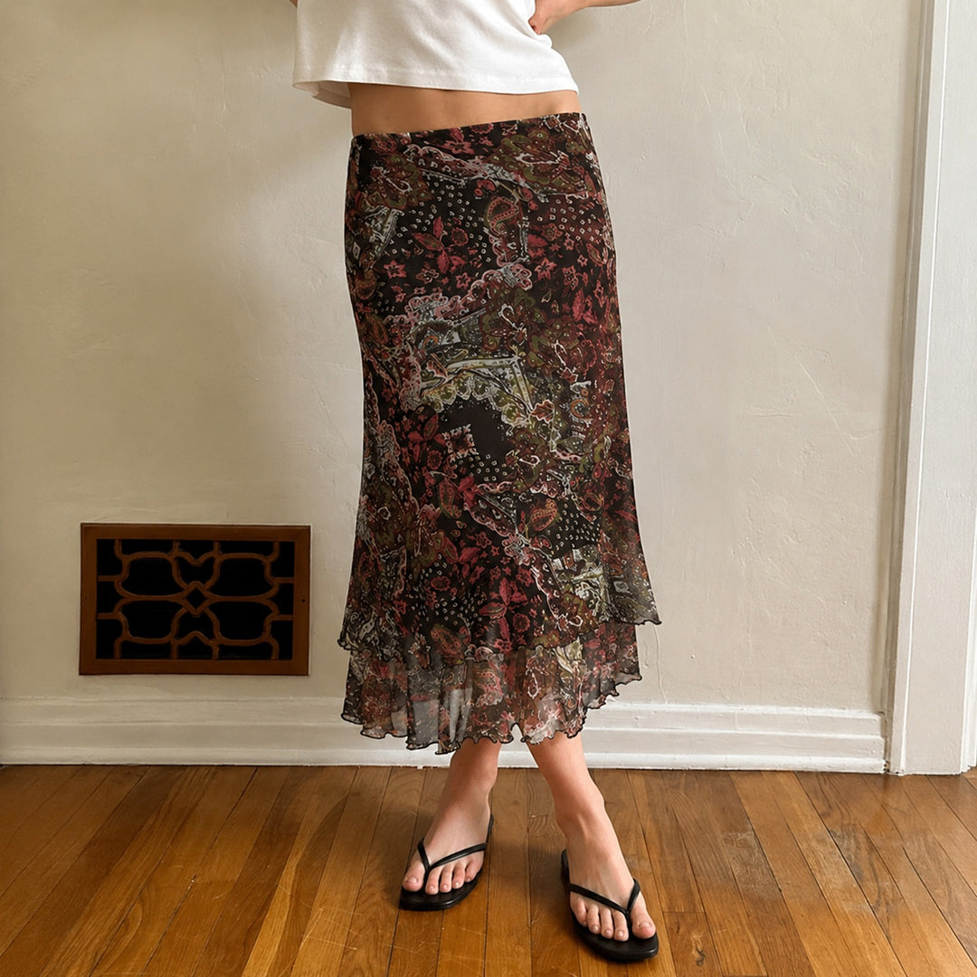 Damen Chiffon-Midirock mit mehrlagigem Volant, Paisley-Print und Zipfelsaum – Rosévia