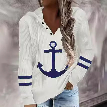 Damen Maritimes Kapuzen-Tunika-Shirt mit großem Ankerprint und Crinkle-Struktur – Orélia