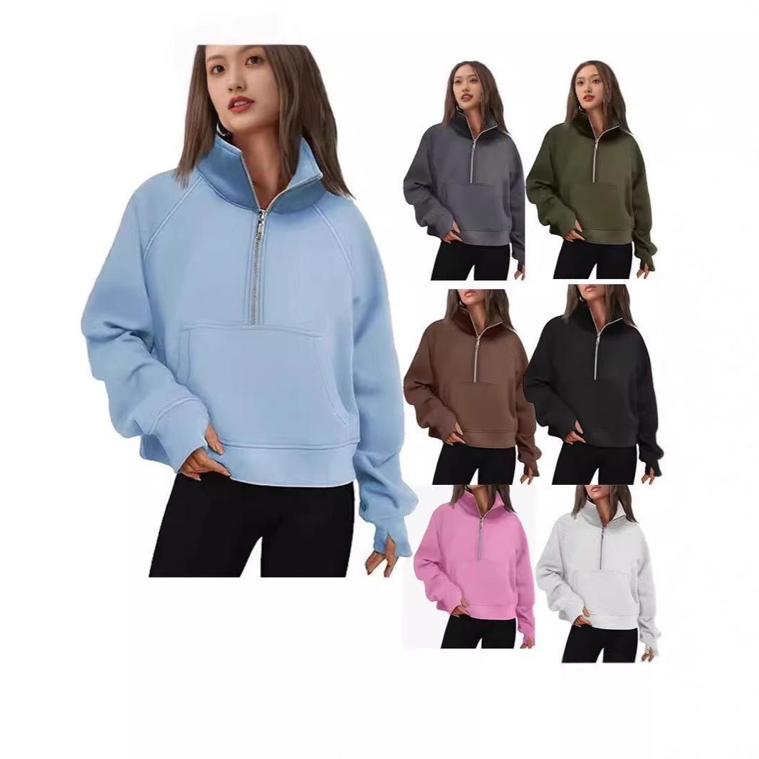 Damen nan kurzer Halfzip-Sweater mit hohem Stehkragen, Kängurutasche und verlängerten Daumenlöchern Echo Archiv