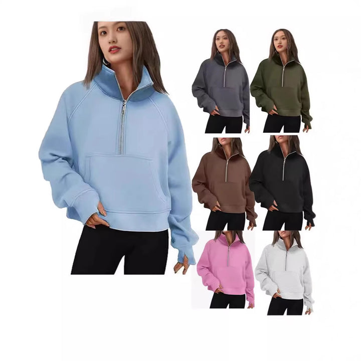 Damen nan kurzer Halfzip-Sweater mit hohem Stehkragen, Kängurutasche und verlängerten Daumenlöchern Echo Archiv