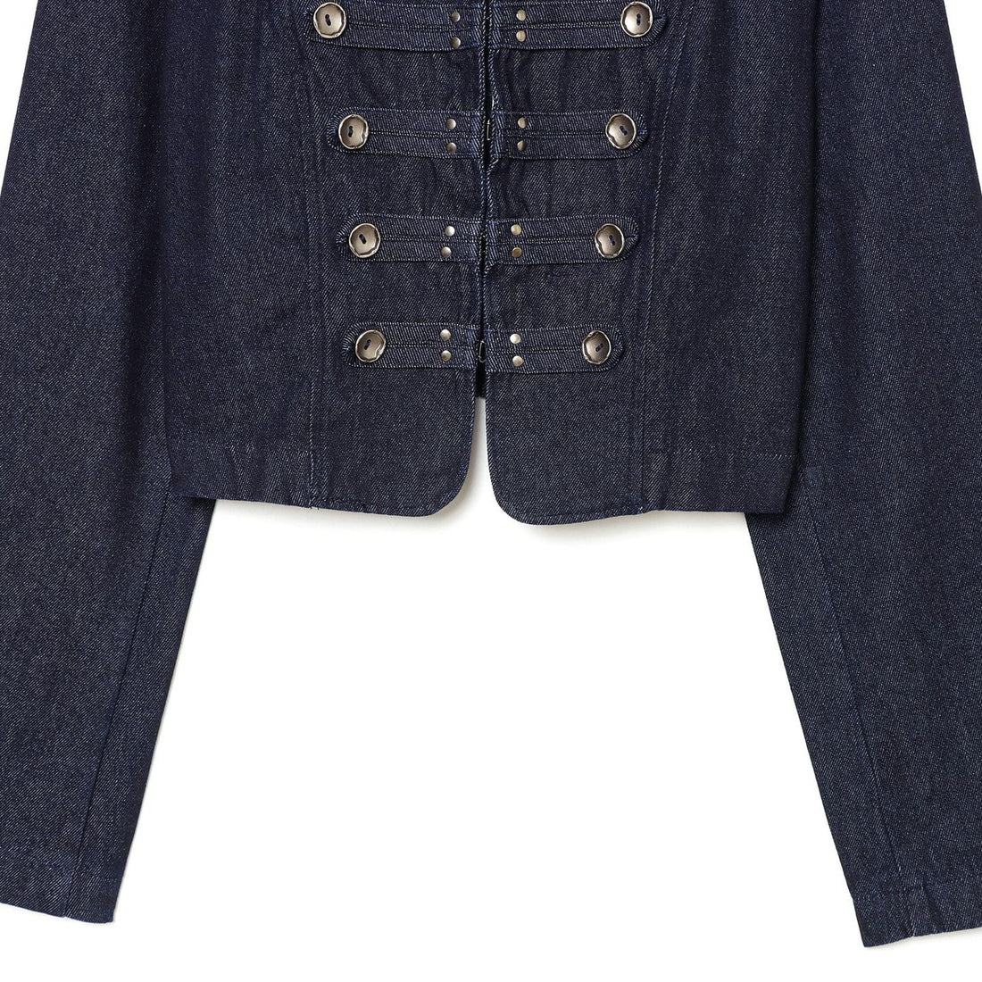 Damen Cropped Denim‑Militärjacke mit Stehkragen und dekorischer Zierknopfleiste Echoarchiv
