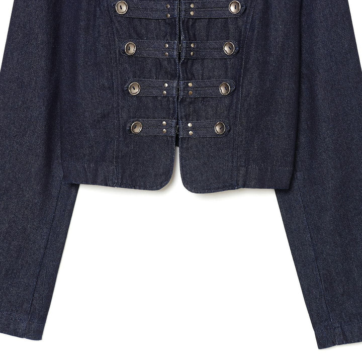 Damen Cropped Denim‑Militärjacke mit Stehkragen und dekorischer Zierknopfleiste Echoarchiv