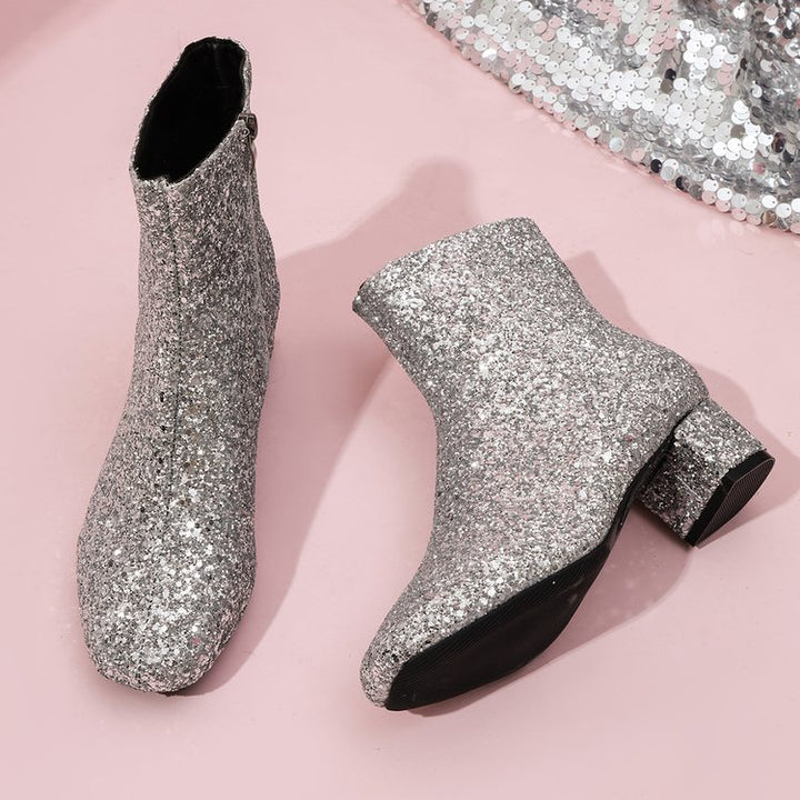 Damen glitzernde Stiefeletten mit kurzem Blockabsatz und seitlichem Reißverschluss Echo Archiv