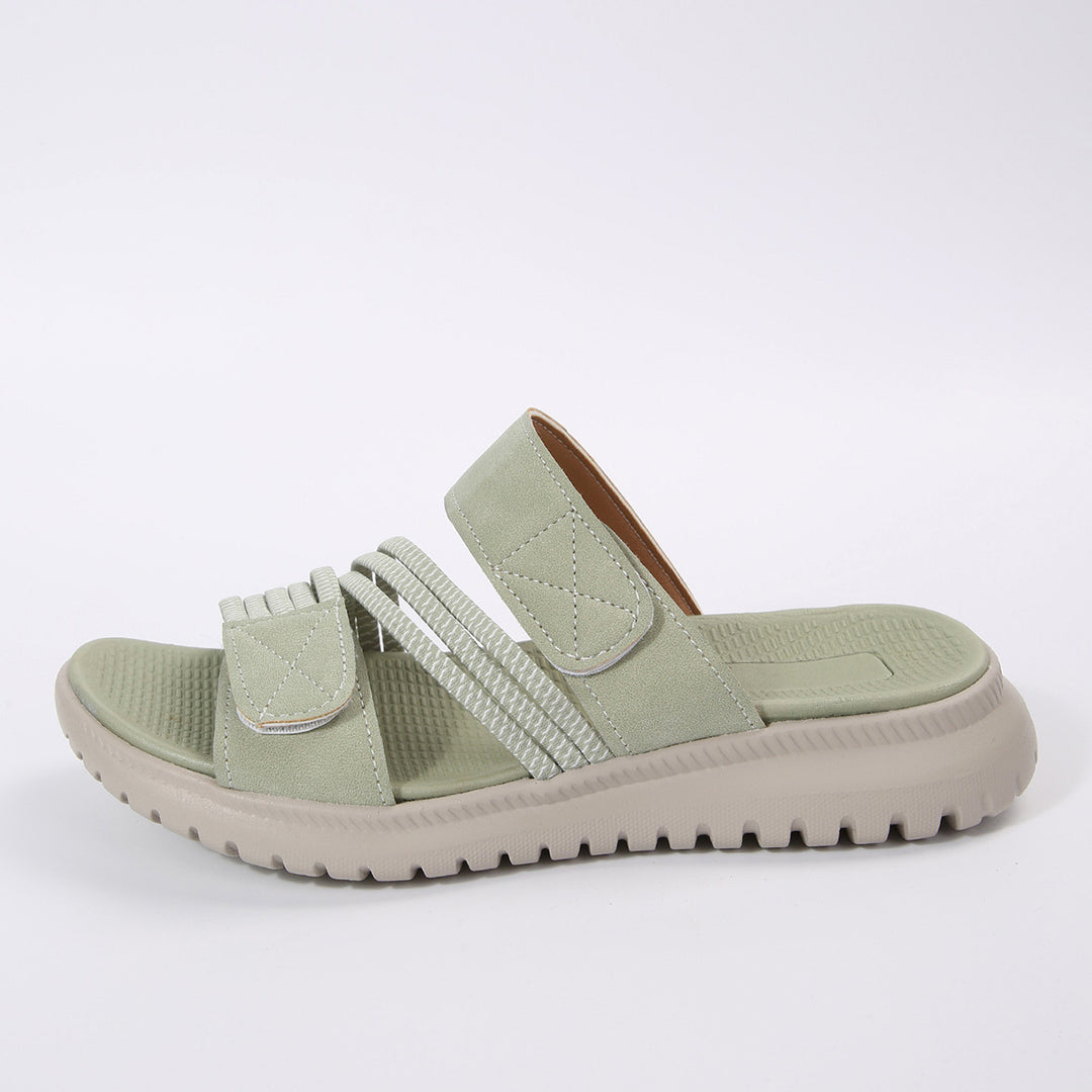 Damen Komfort-Pantolette mit verstellbaren Klettriemen, elastischen Zierbändern und stoßdämpfender Profilsohle Echo Archiv