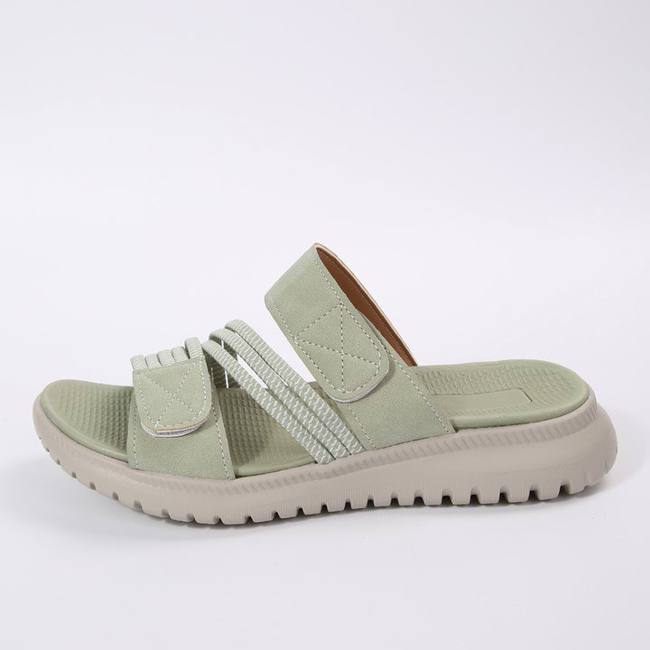 Damen Komfort-Pantolette mit verstellbaren Klettriemen, elastischen Zierbändern und stoßdämpfender Profilsohle Echo Archiv
