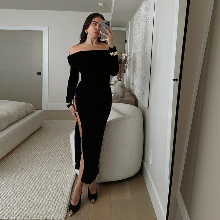 Damen schulterfreies Maxikleid mit eleganter Drapierung und transparentem Oberteil Echo Archiv