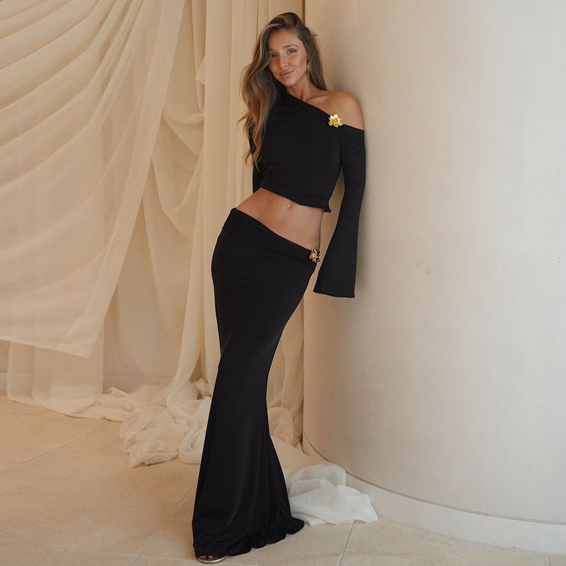Damen Maxi-Rock mit asymmetrischem Oberteil und eleganten Trompetenärmeln Echo Archiv